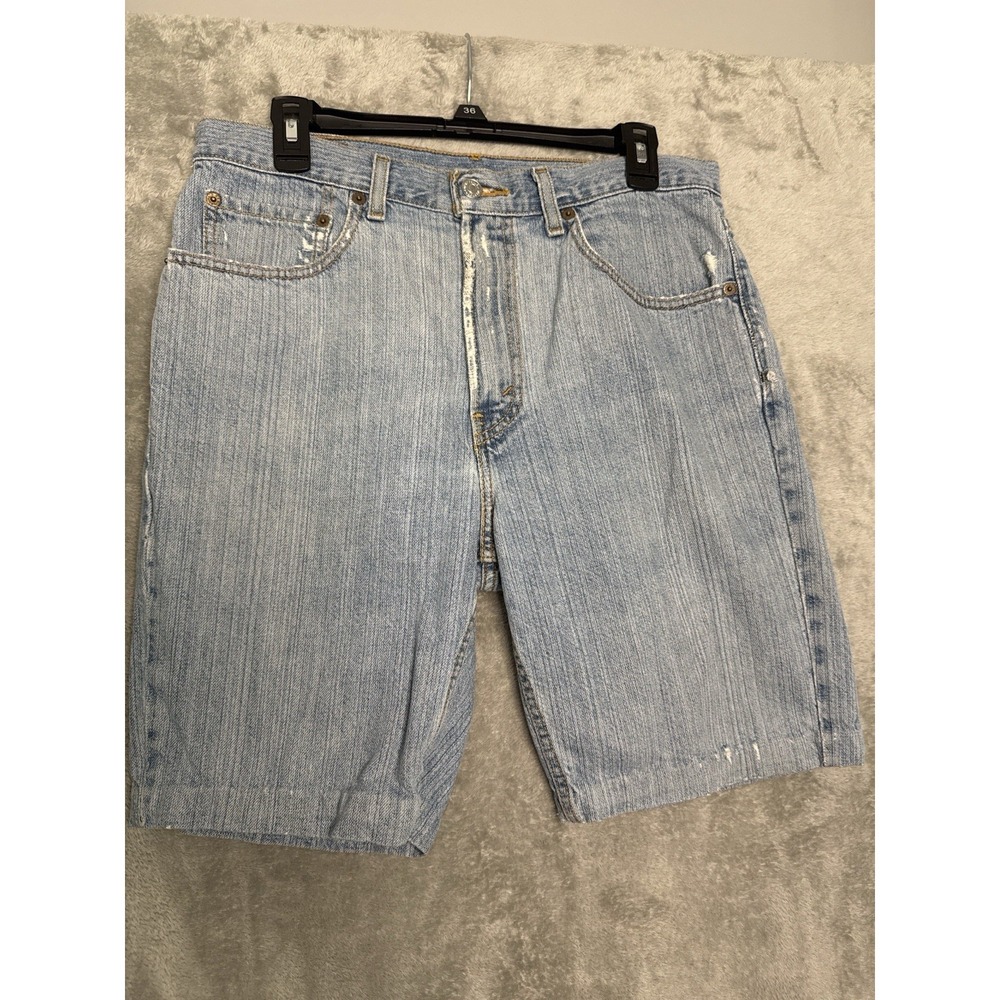 Levis 505 Regular Fit Red Tab Blue Denim Shorts Mens Size 32 (DISTRESSED